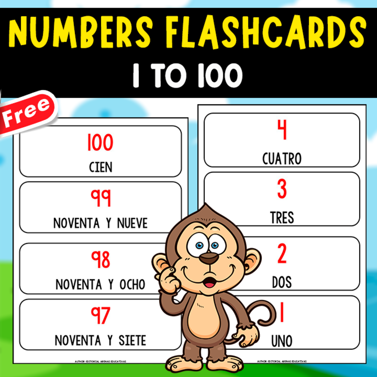 An educational teaching resource from EDITORIAL LAURA EDUCA entitled 100 FREE SPANISH FLASHCARDS | 1 TO 100 | CUT-OUT RESOURCE downloadable at Teach Simple.