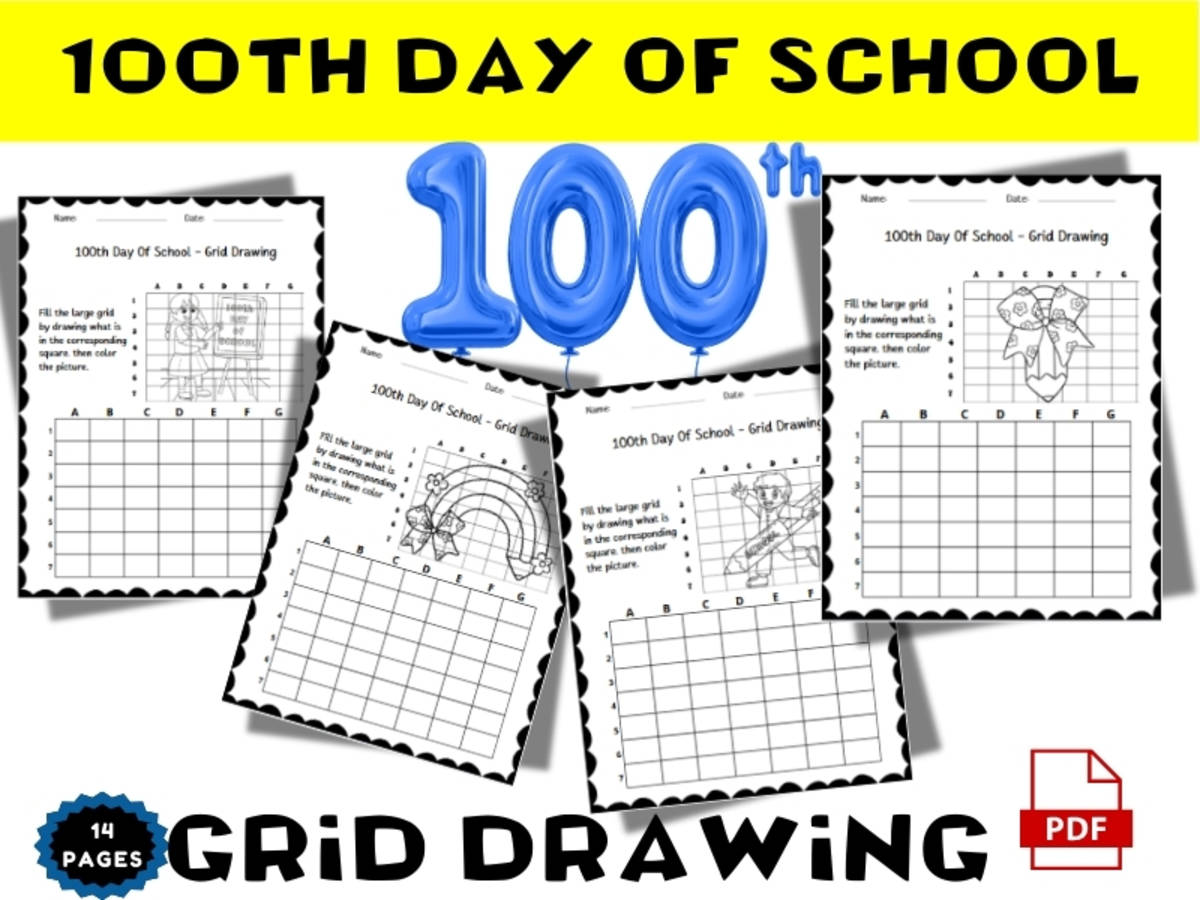 An educational teaching resource from Bright Education entitled 100th Day Of School Grid Drawing - Drawing Practice and Coloring downloadable at Teach Simple.