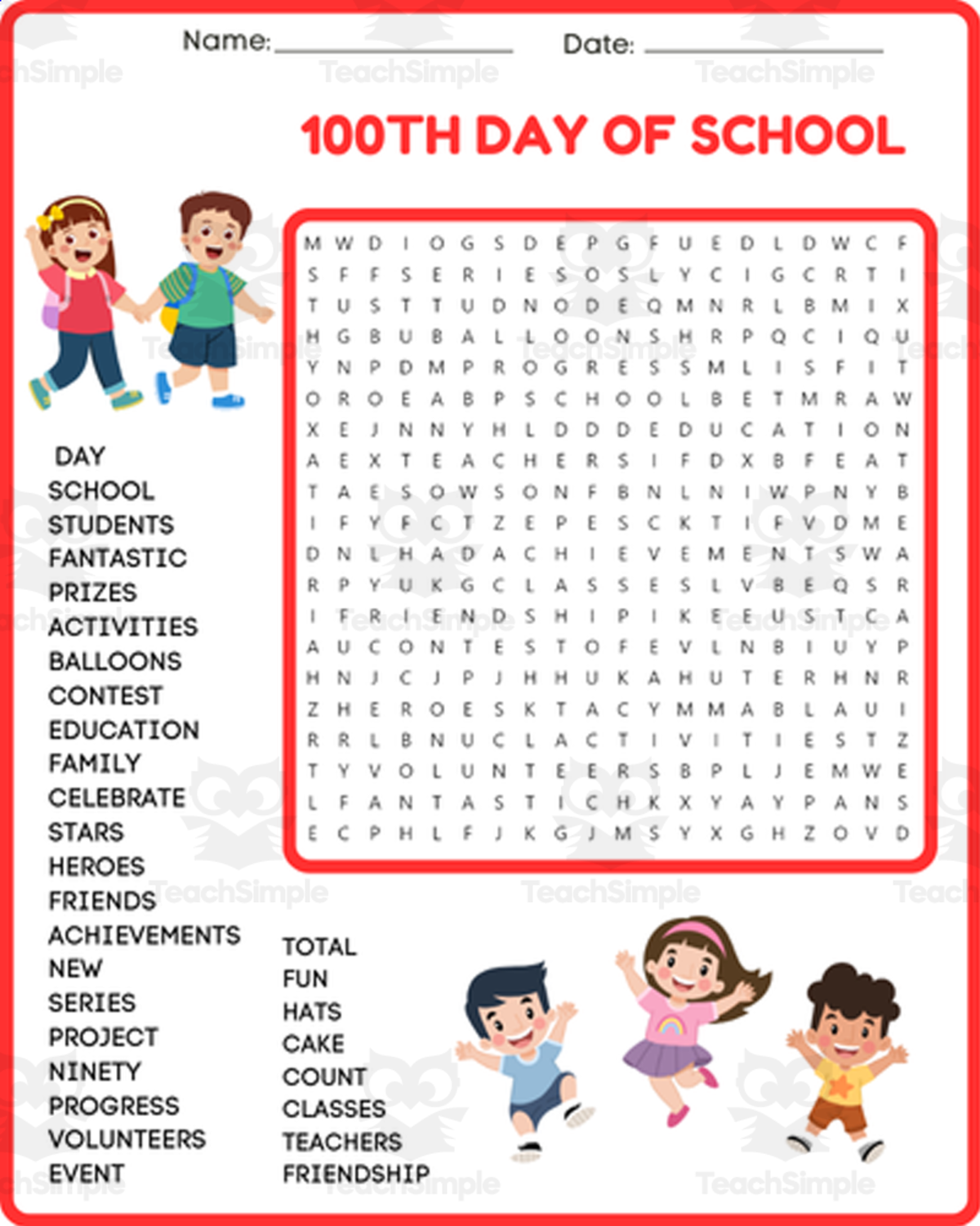 An educational teaching resource from space shope entitled 100TH DAY OF SCHOOL Word Search Worksheet Activity downloadable at Teach Simple.