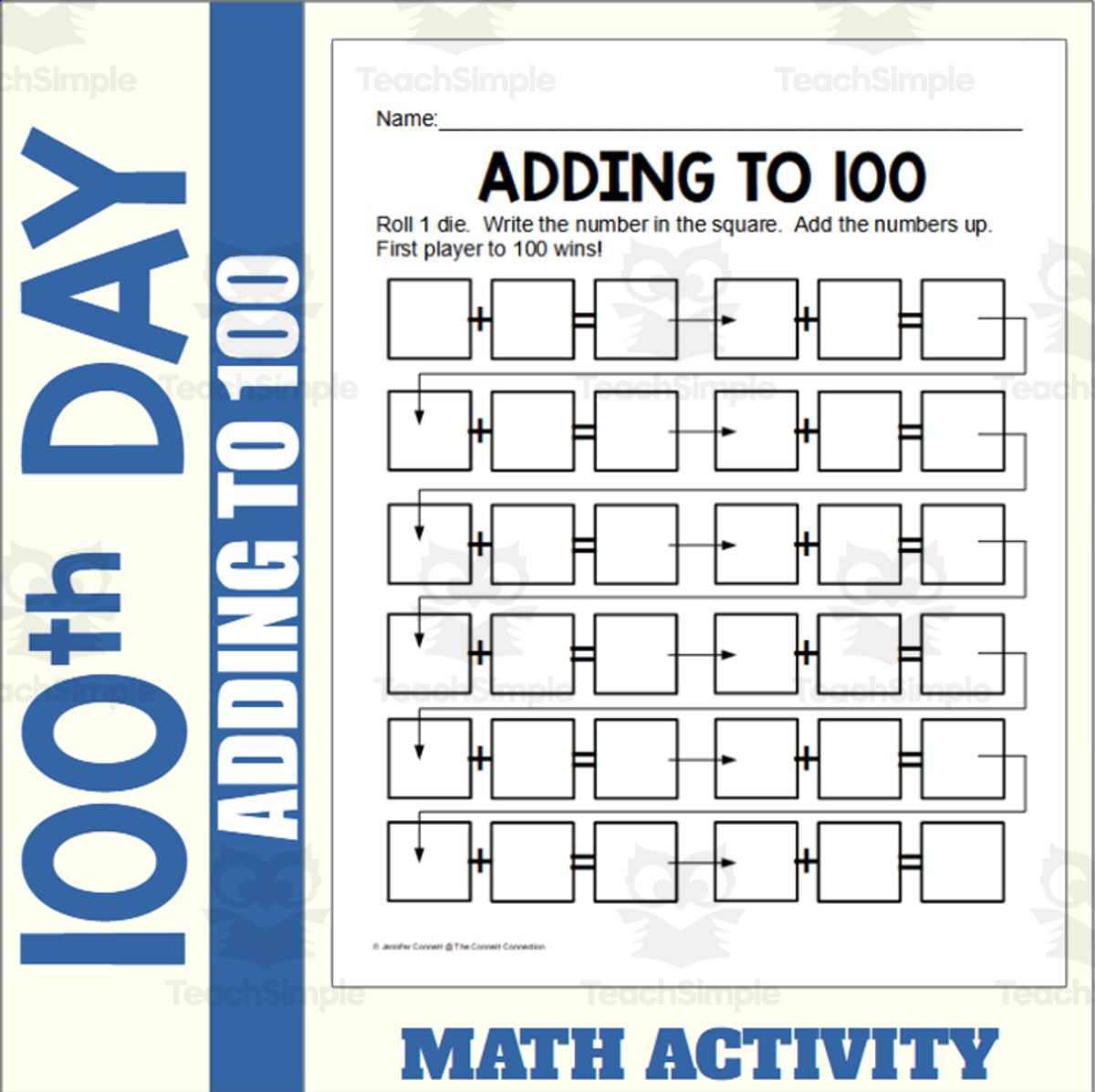An educational teaching resource from The Connett Connection entitled 100th Day of School Worksheet:  Adding to 100 downloadable at Teach Simple.