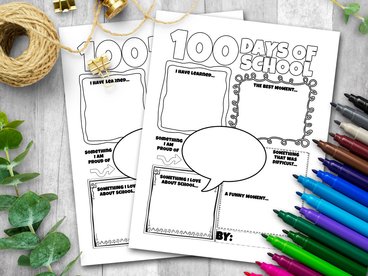 An educational teaching resource from Forever June Digital Design entitled 100th Day of School Worksheet, Writing Prompt Coloring Page Activity downloadable at Teach Simple.