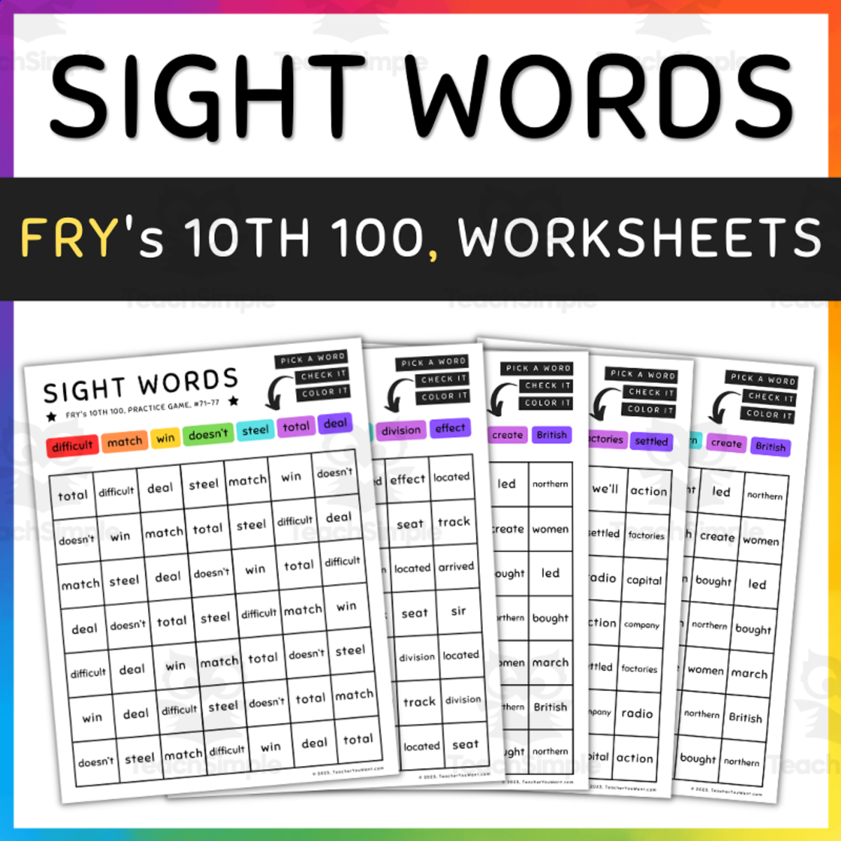 An educational teaching resource from TeacherYouWant entitled 10th 100 Fry Sight Words, Color by Sight Words Game - SET 9 (a) downloadable at Teach Simple.