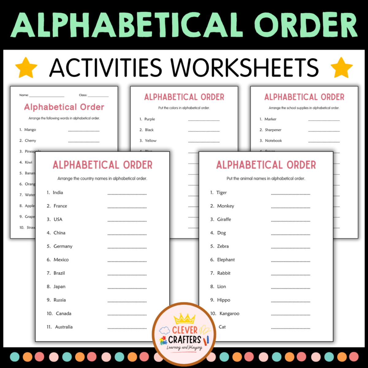 An educational teaching resource from Clever Crafters entitled 11 Engaging Themed Worksheets for ABC Practice - Alphabetical Order downloadable at Teach Simple.