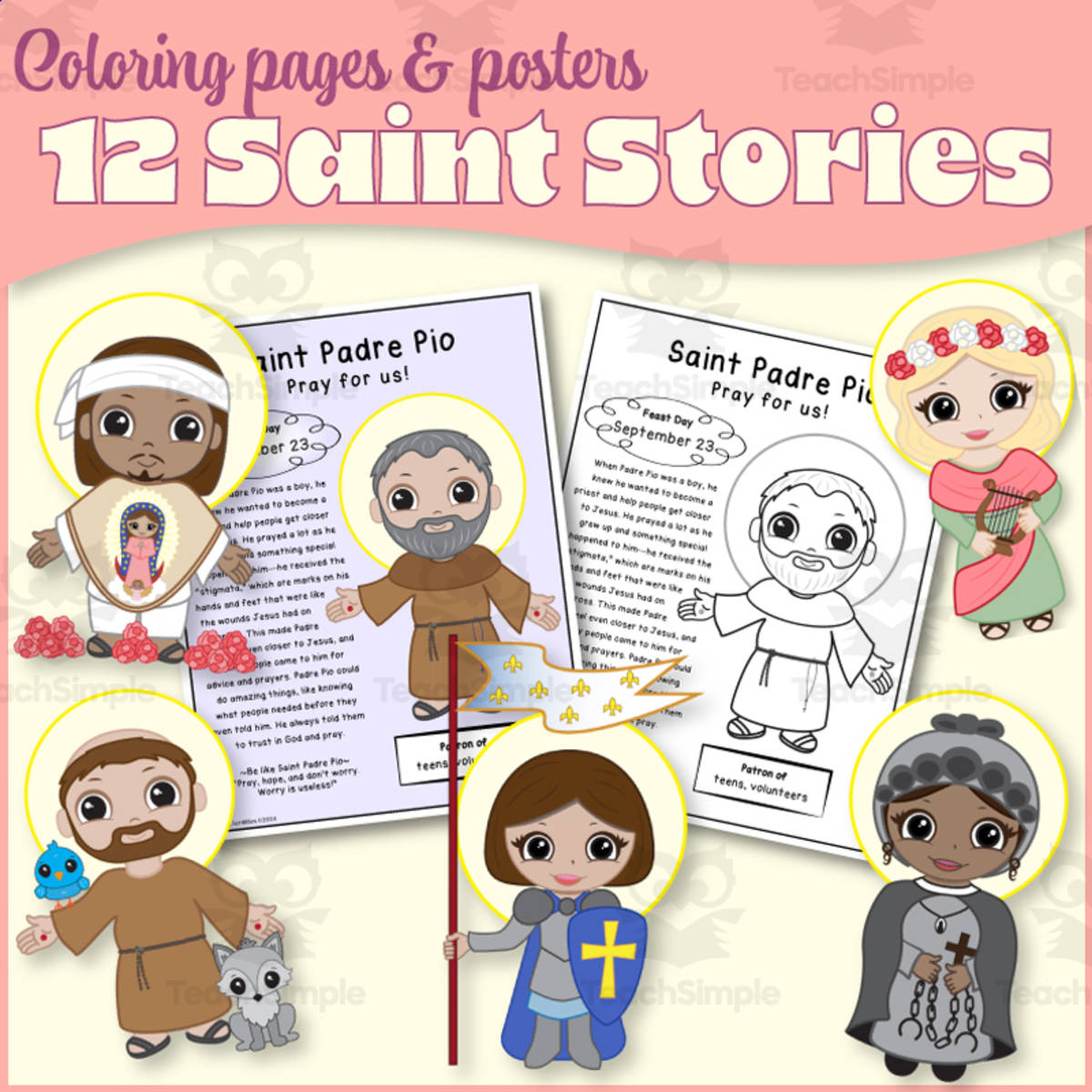 An educational teaching resource from Saintly Scribbles entitled 12 Catholic Saint Stories Coloring Pages & Posters downloadable at Teach Simple.