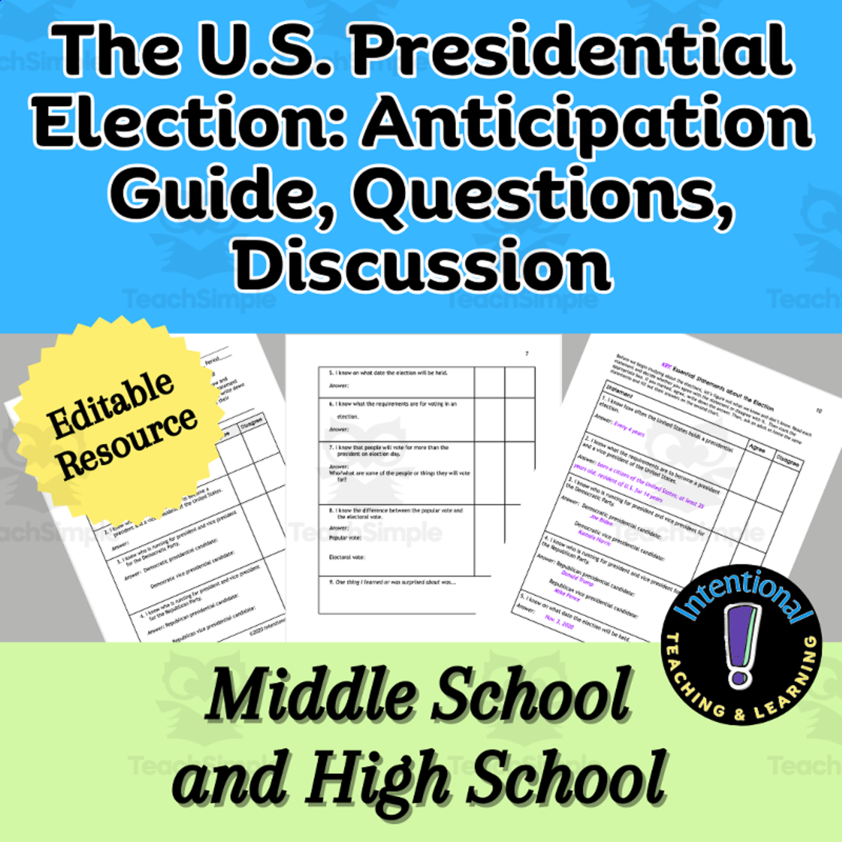An educational teaching resource from Intentional Teaching and Learning entitled 12 Election Terms for Middle & High School- Vocabulary Strategies downloadable at Teach Simple.