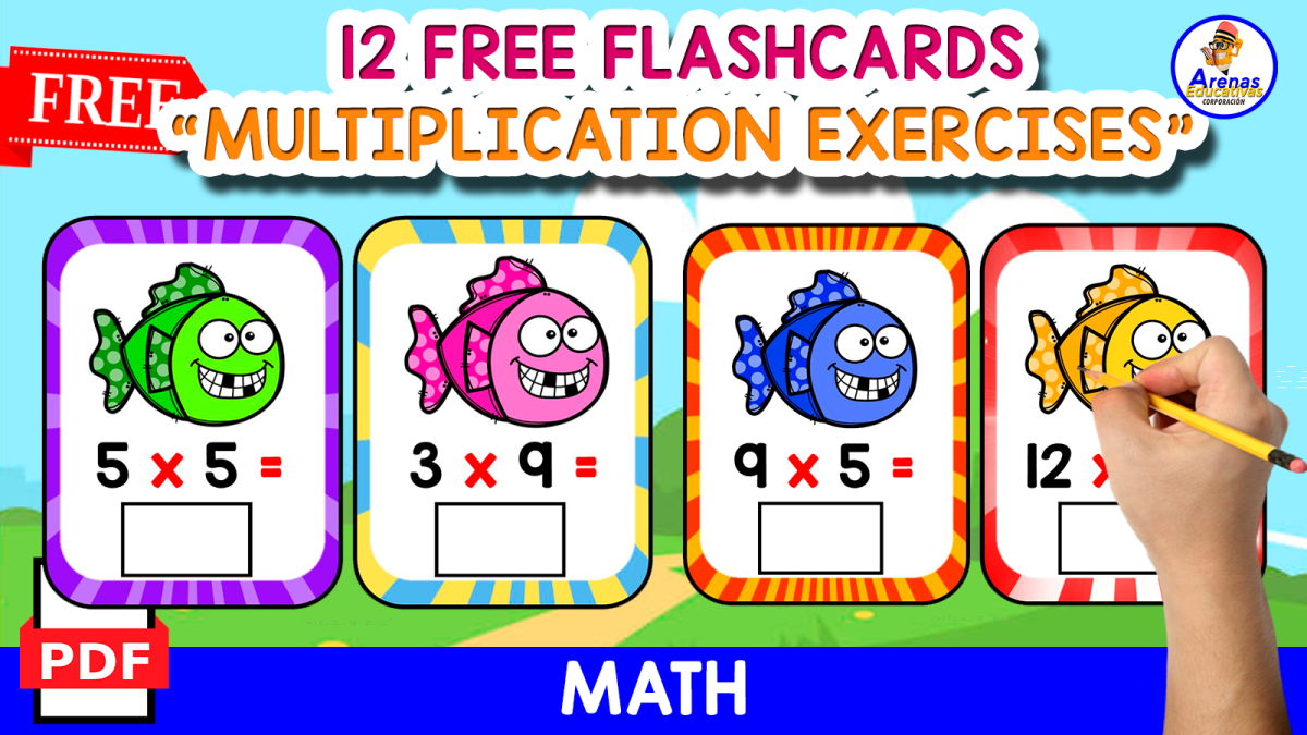 An educational teaching resource from EDITORIAL LAURA EDUCA entitled 12 FLASHCARDS FOR PRACTICING MULTIPLICATION | FISH THEMED downloadable at Teach Simple.