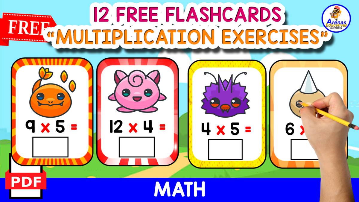 An educational teaching resource from EDITORIAL LAURA EDUCA entitled 12 FLASHCARDS WITH MULTIPLICATIONS | POKEMON THEMED downloadable at Teach Simple.