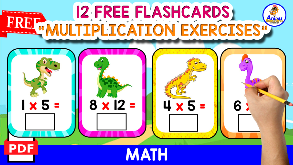 An educational teaching resource from EDITORIAL LAURA EDUCA entitled 12 FREE FLASHCARDS | MULTIPLICATION WITH DINOS downloadable at Teach Simple.