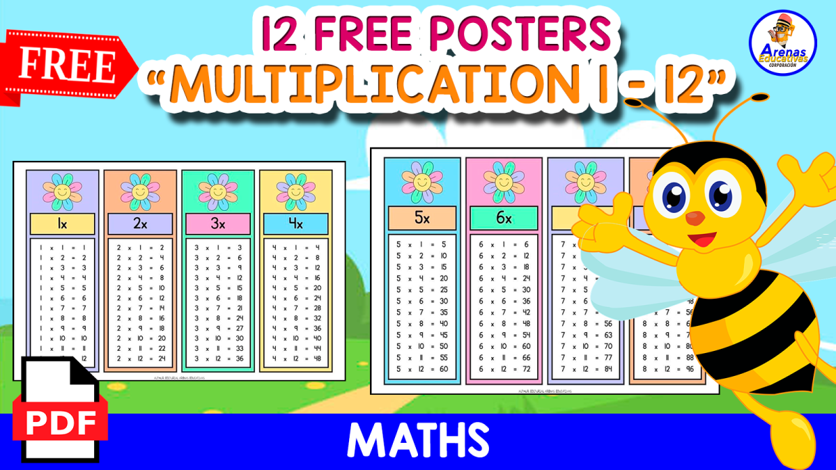 An educational teaching resource from EDITORIAL LAURA EDUCA entitled 12 FREE POSTERS OF MULTIPLICATION | TABLES 1 - 12 downloadable at Teach Simple.