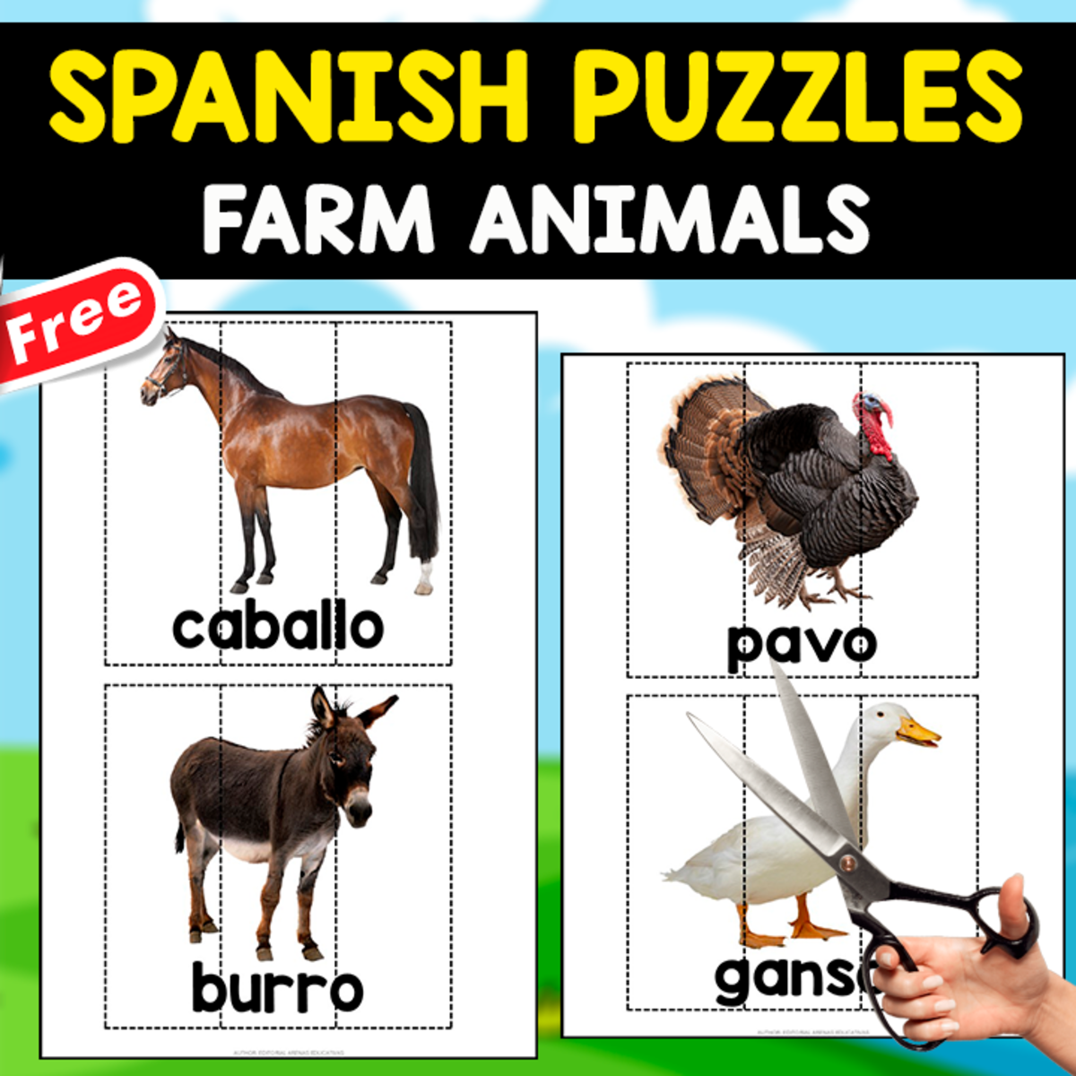 An educational teaching resource from EDITORIAL LAURA EDUCA entitled 12 FREE SPANISH PUZZLES | LOS ANIMALES DE LA GRANJA downloadable at Teach Simple.