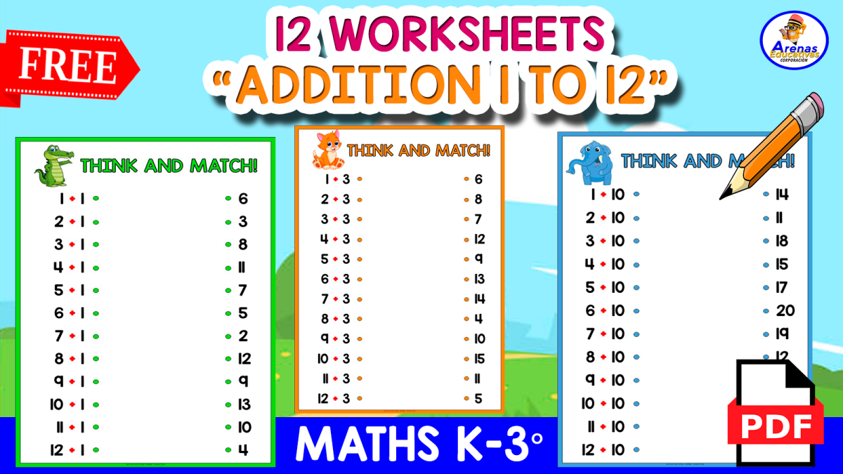 An educational teaching resource from EDITORIAL LAURA EDUCA entitled 12 MATCHING ADDITION WORKSHEETS | Animals Theme downloadable at Teach Simple.
