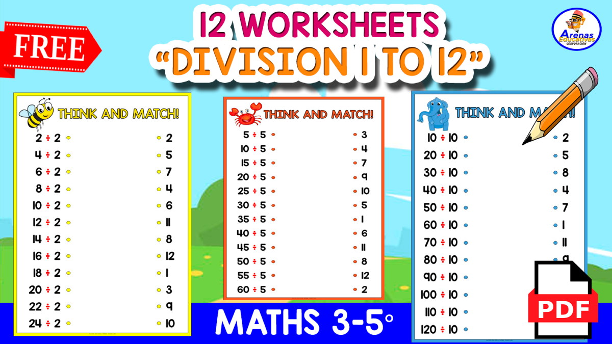 An educational teaching resource from EDITORIAL LAURA EDUCA entitled 12 MATCHING DIVISION WORKSHEETS | Animal Theme downloadable at Teach Simple.