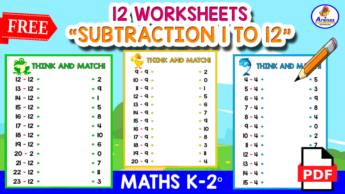 An educational teaching resource from EDITORIAL LAURA EDUCA entitled 12 MATCHING SUBTRACTION WORKSHEETS | Animal Theme downloadable at Teach Simple.