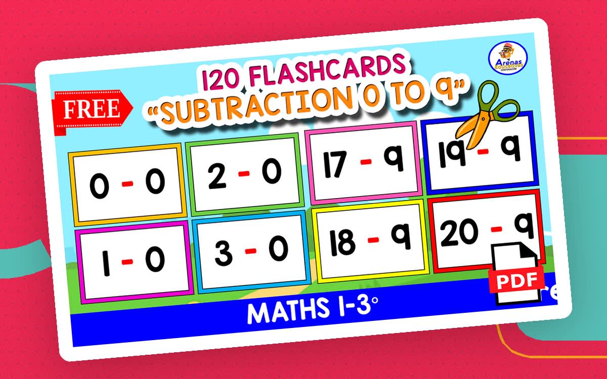 An educational teaching resource from EDITORIAL LAURA EDUCA entitled 120 SUBTRACTION FLASHCARDS | Tables 0 to 9 downloadable at Teach Simple.