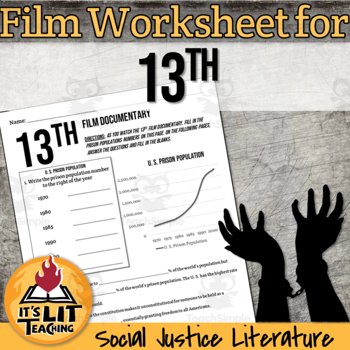 An educational teaching resource from It's Lit Teaching entitled 13th Documentary Worksheet downloadable at Teach Simple.