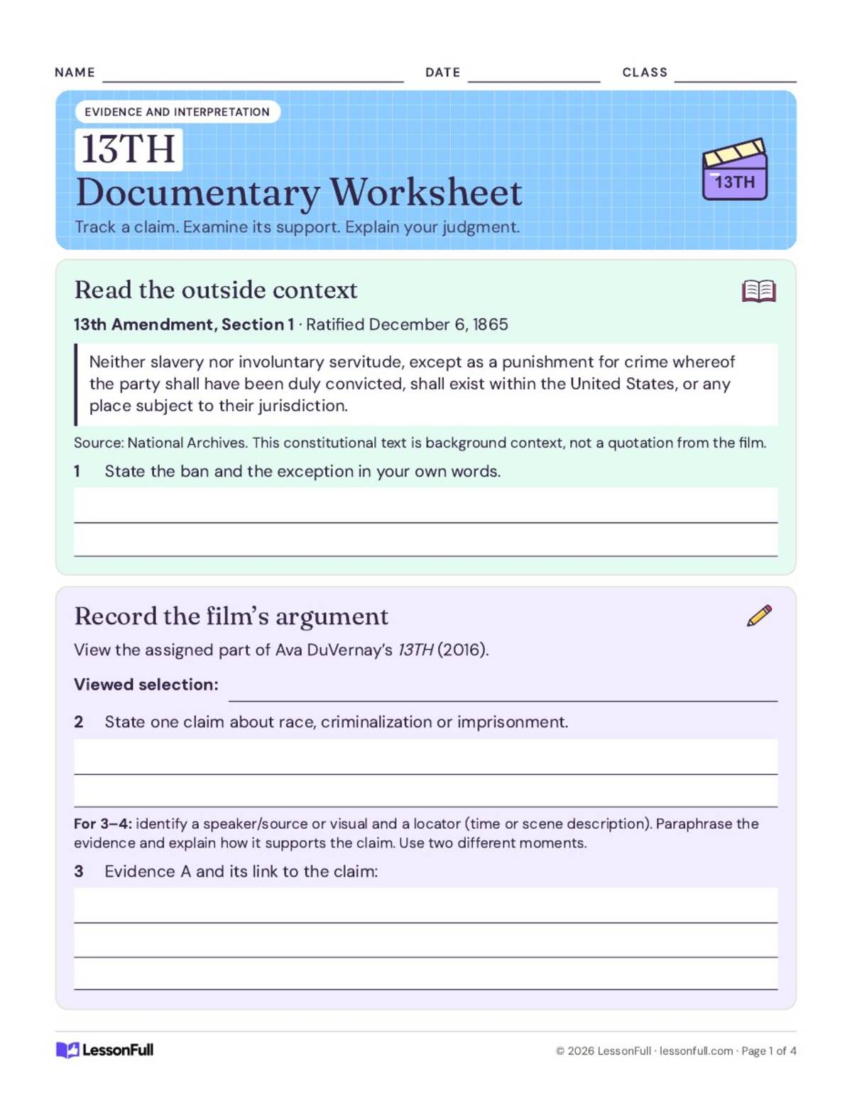 13th Documentary Worksheet preview: 13th Amendment, Section 1 text with a paraphrase task (page 1)