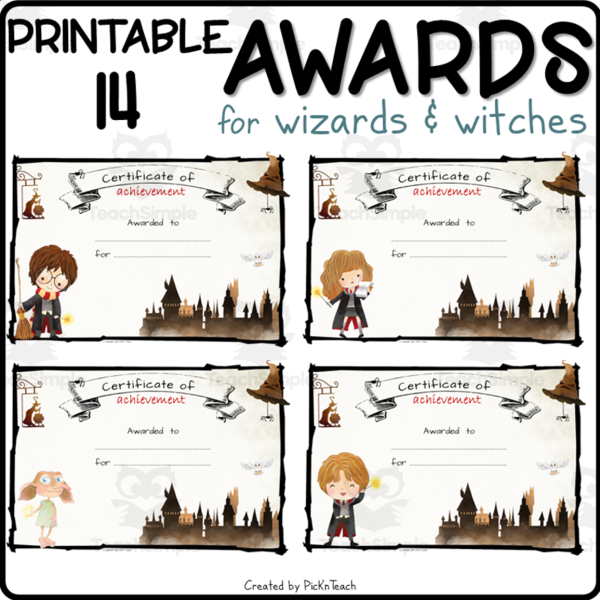 An educational teaching resource from Pick'n Teach entitled 14 AWARD certificates for WIZARDS - ANY SUBJECT downloadable at Teach Simple.