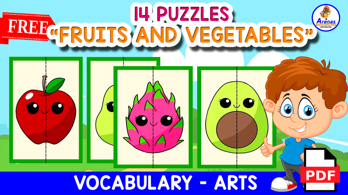 An educational teaching resource from EDITORIAL LAURA EDUCA entitled 14 FREE PUZZLES FOR KIDS | Fruits and Vegetables downloadable at Teach Simple.