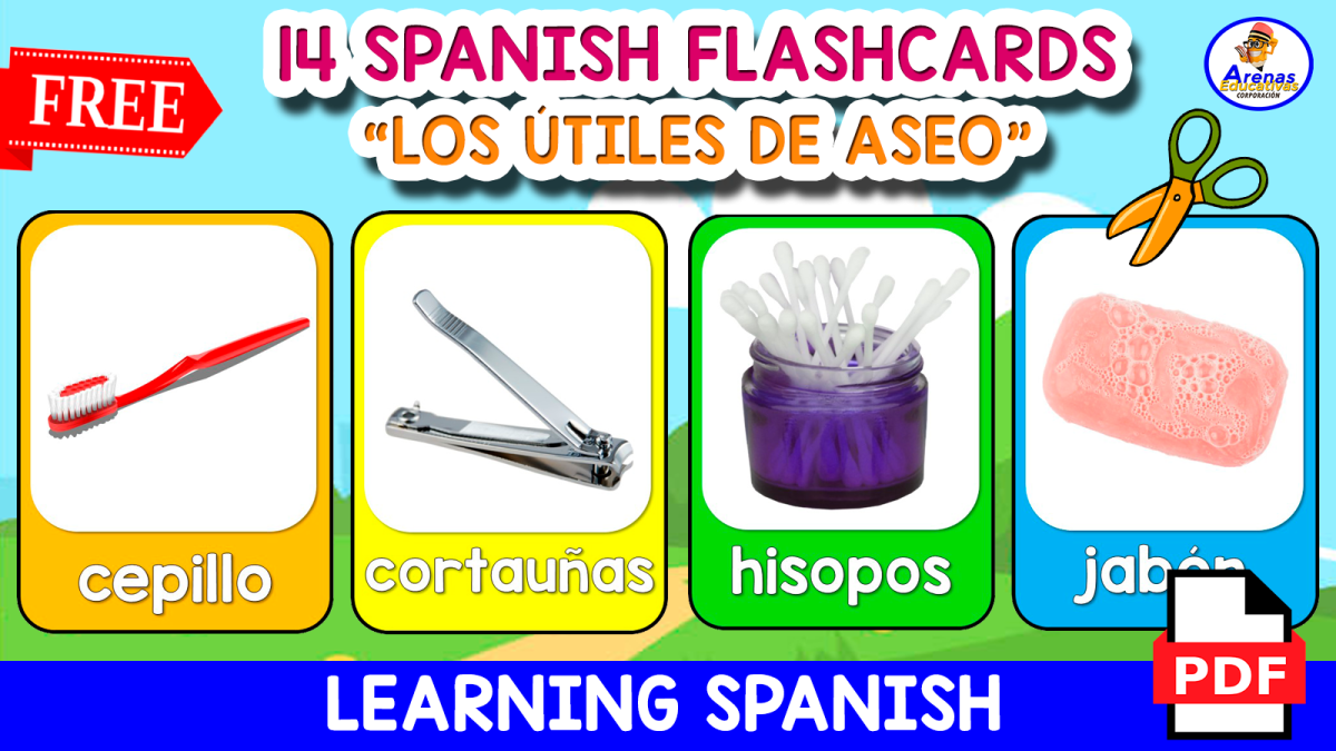 An educational teaching resource from EDITORIAL LAURA EDUCA entitled 14 SPANISH FLASHCARDS | "Los útiles de aseo" downloadable at Teach Simple.
