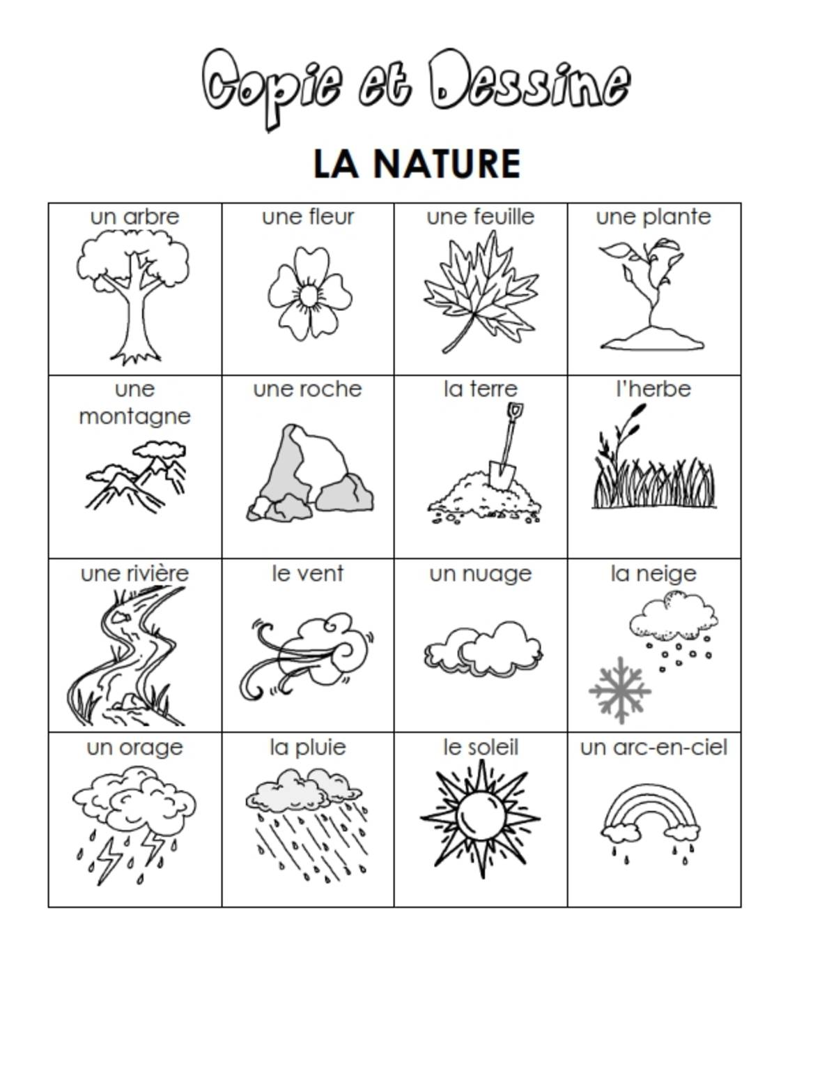 An educational teaching resource from Brave Education entitled 16 Copy and Draw Spelling Vocabulary Worksheets - Nature ( French Version ) downloadable at Teach Simple.
