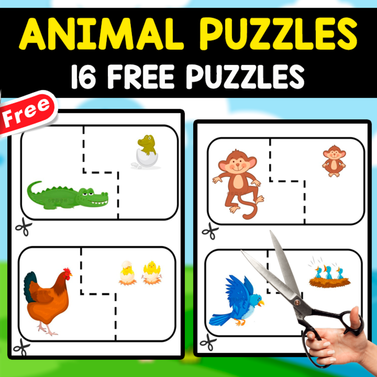 An educational teaching resource from EDITORIAL LAURA EDUCA entitled 16 FREE ANIMALS PUZZLES | MOTHER AND BABY IN THE NATURE downloadable at Teach Simple.