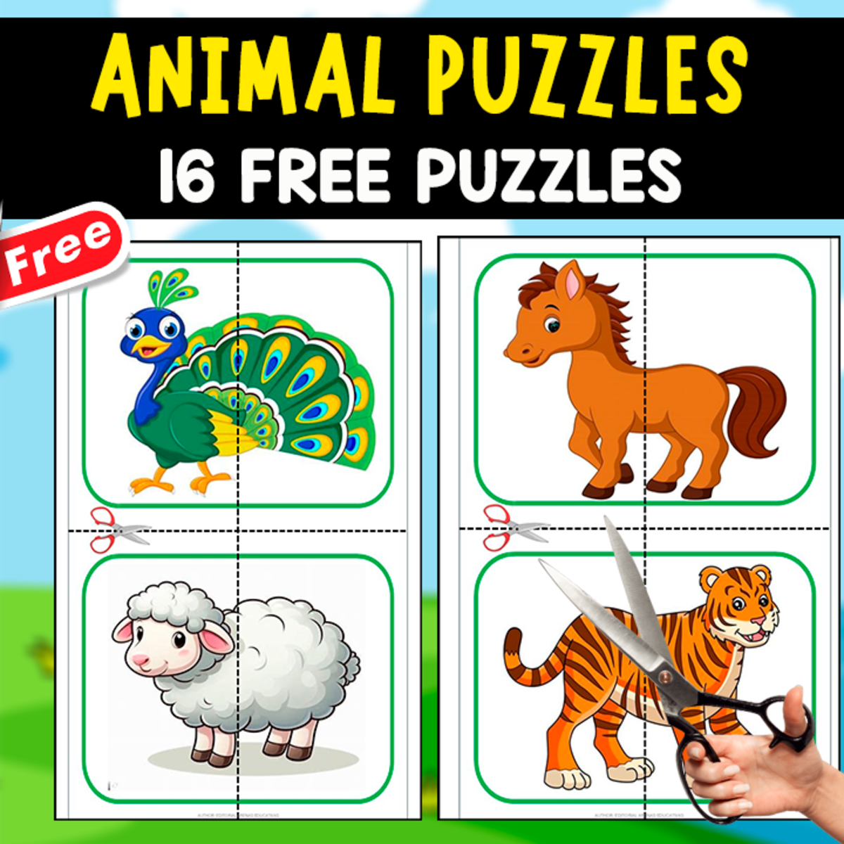 An educational teaching resource from EDITORIAL LAURA EDUCA entitled 16 FREE PUZZLES OF ANIMALS | BRAIN GAME downloadable at Teach Simple.