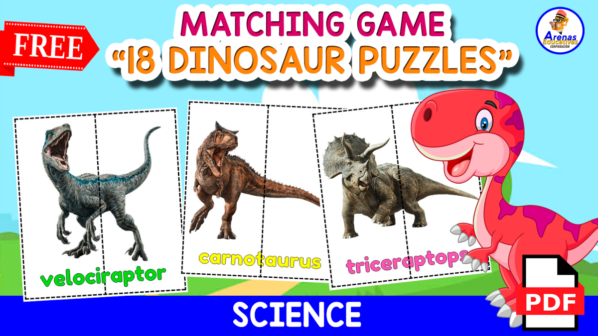 An educational teaching resource from EDITORIAL LAURA EDUCA entitled 18 FREE PUZZLES OF DINOSAURS | Free Science Game downloadable at Teach Simple.