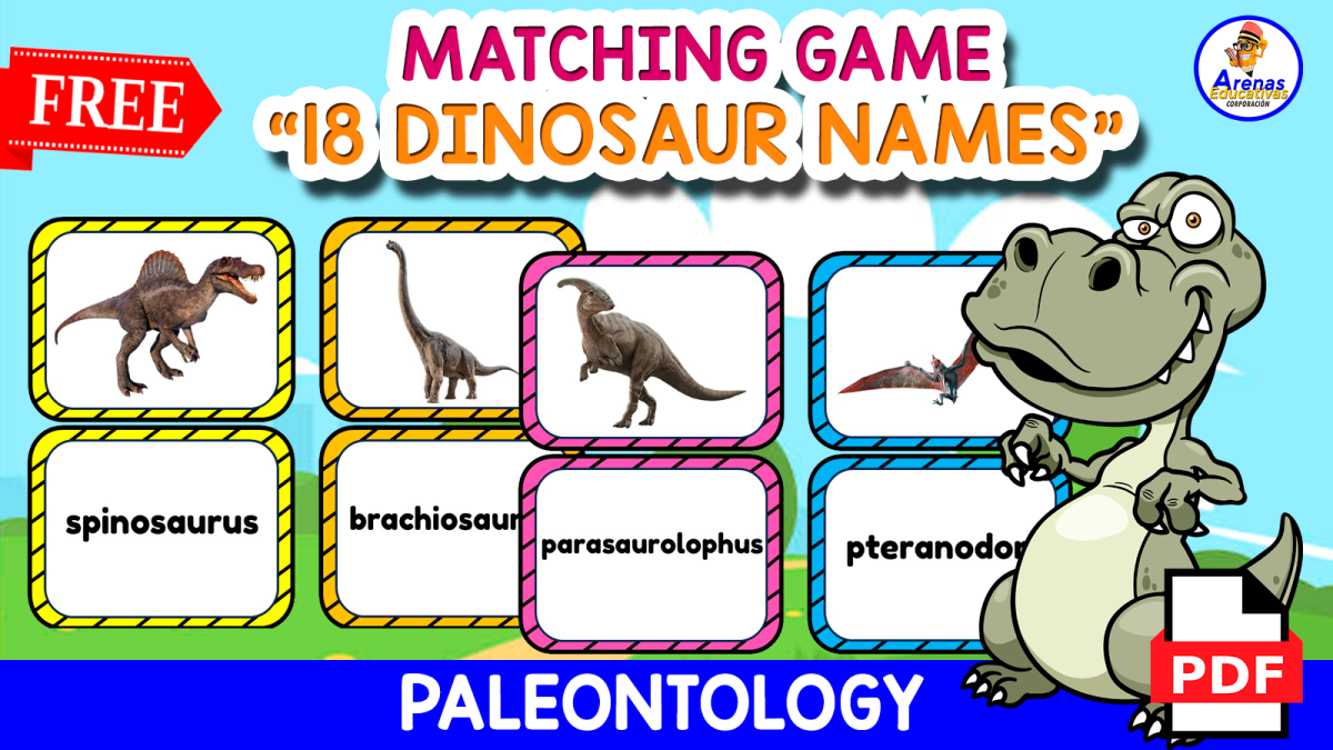 An educational teaching resource from EDITORIAL LAURA EDUCA entitled 18 NAMES OF DINOSAURS | Free Flashcards downloadable at Teach Simple.