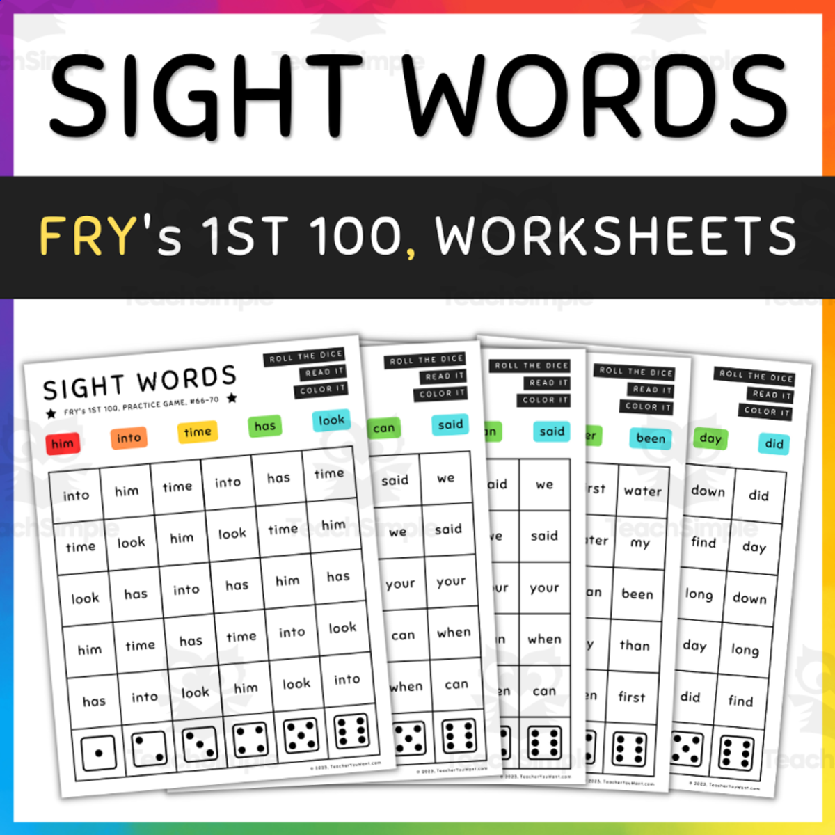 An educational teaching resource from TeacherYouWant entitled 1st 100 Fry Sight Words Practice Game , Roll & Color, Fun Activity - SET 9 (b) downloadable at Teach Simple.
