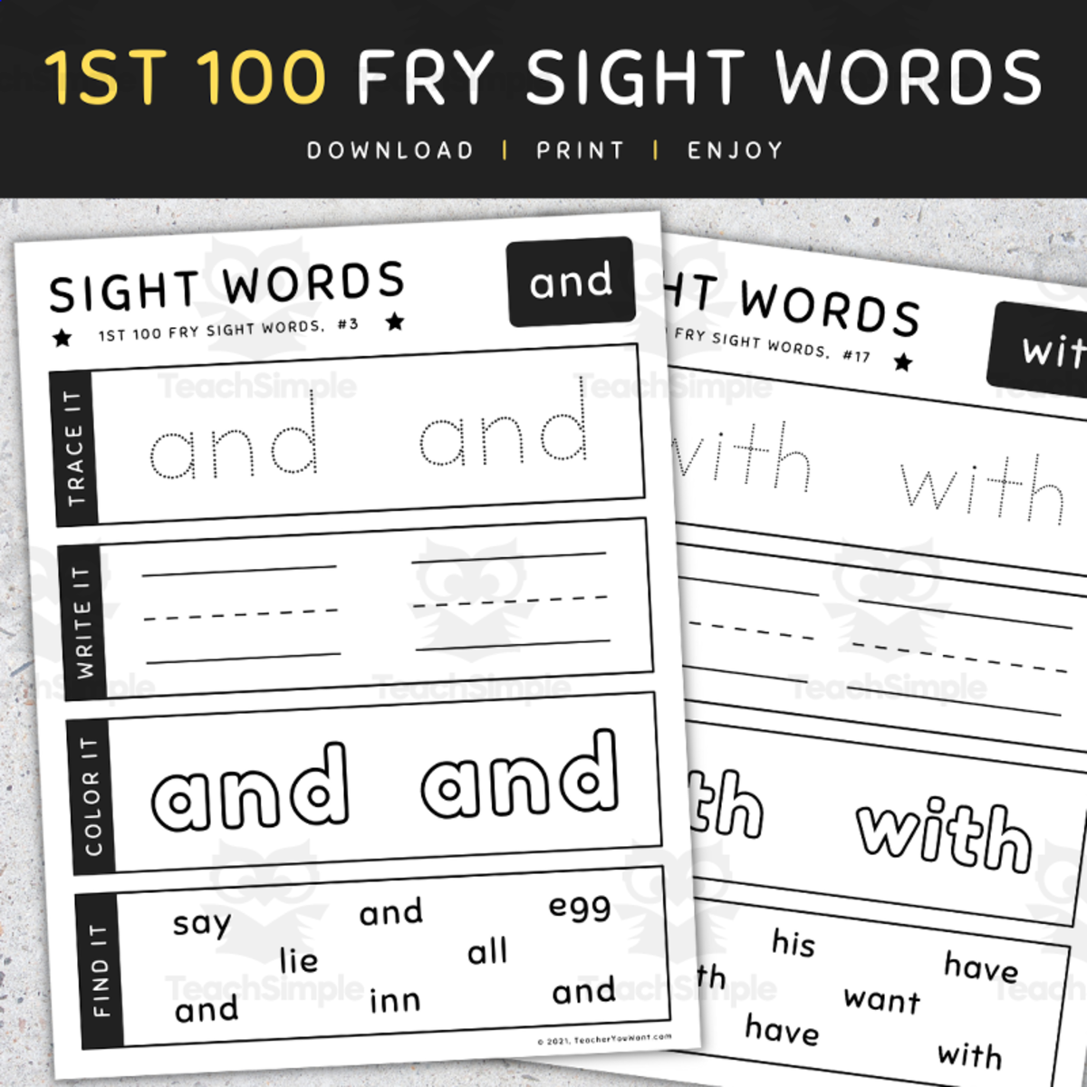 An educational teaching resource from TeacherYouWant entitled 1st 100 Fry Sight Words: Trace Write Color, High Frequency Words, #1-25, [SET 5] downloadable at Teach Simple.