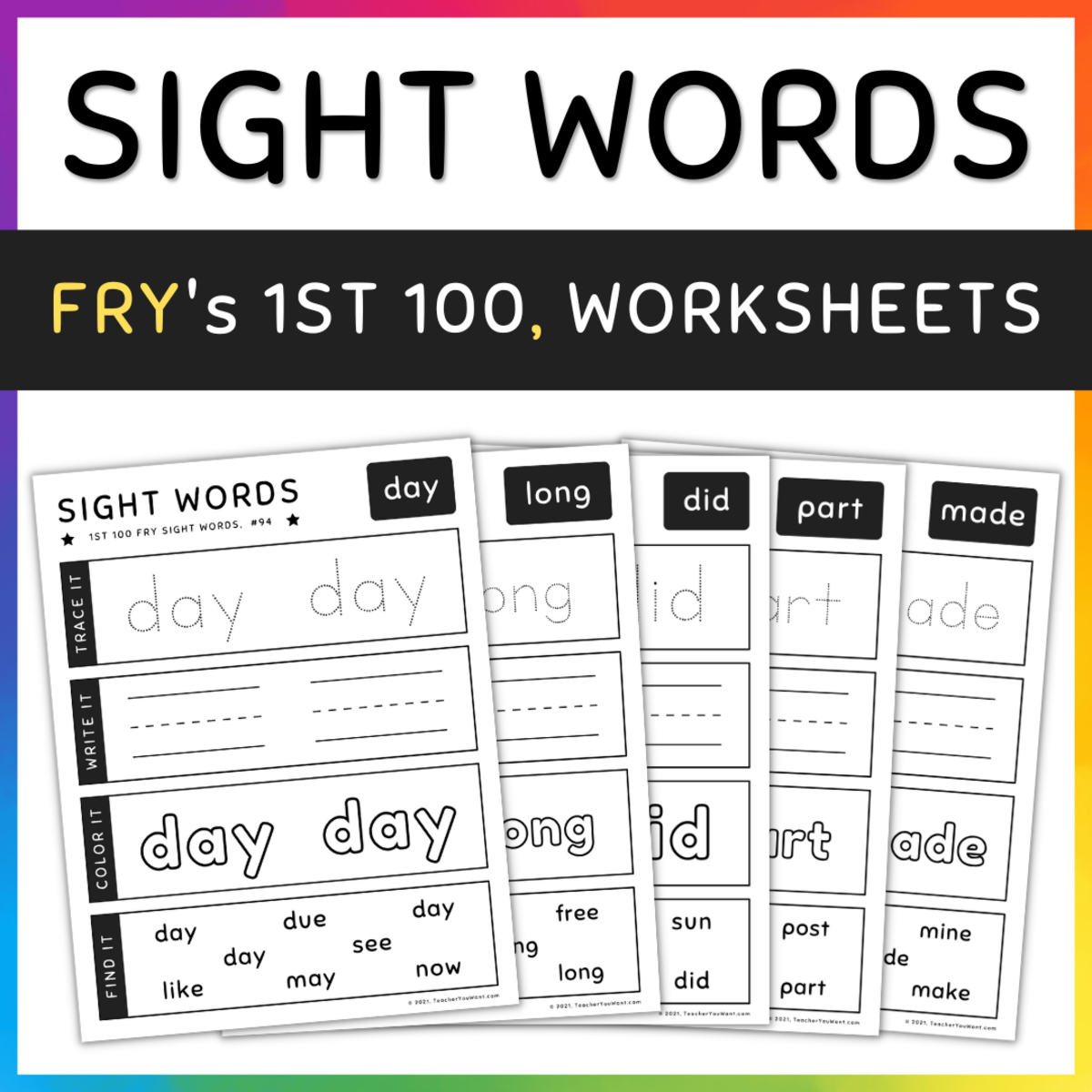 An educational teaching resource from TeacherYouWant entitled 1st 100 Fry Sight Words Worksheets & Activities, #90-100, SET 5 downloadable at Teach Simple.