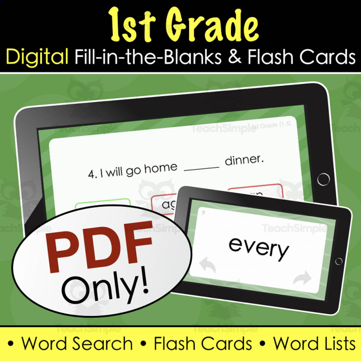 An educational teaching resource from Tom's Talk entitled 1st Grade Dolch Sight Words - Digital Fill-in-the-Blanks Quiz, Flashcards + List downloadable at Teach Simple.