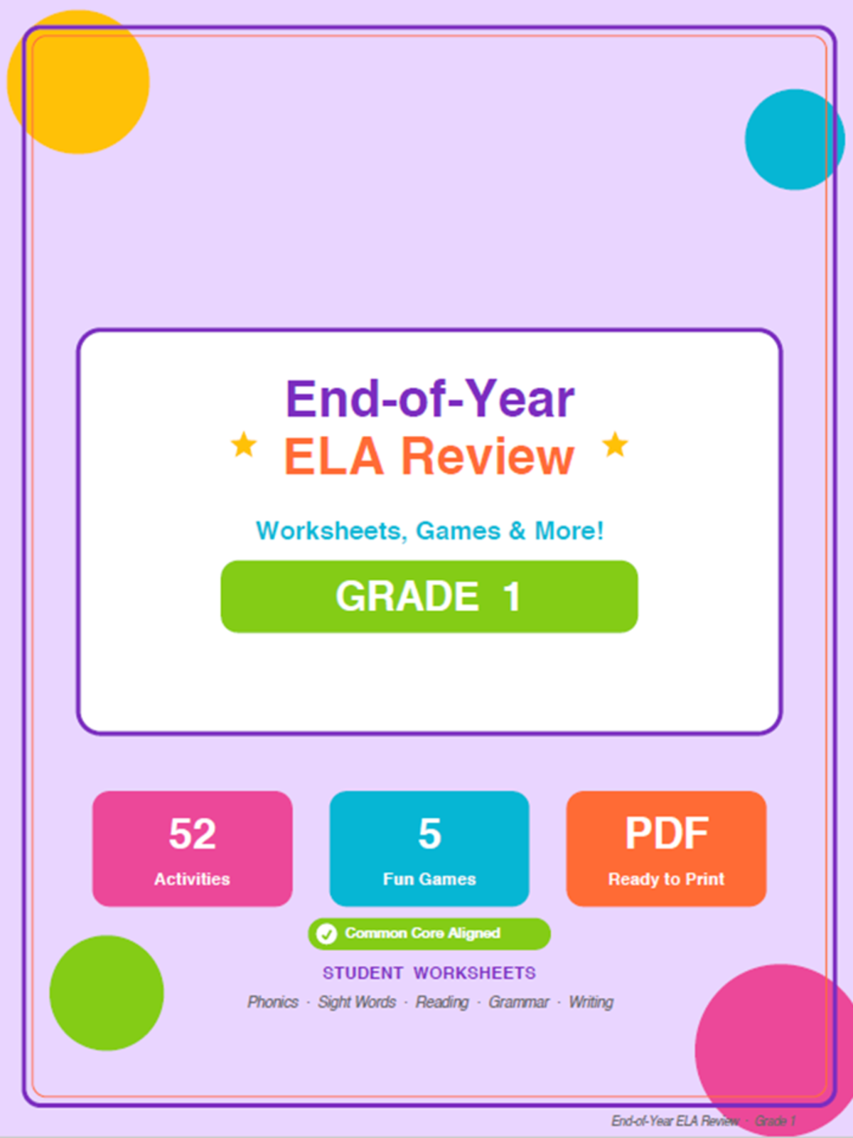 An educational teaching resource from Bright Classroom Ideas Marketplace entitled 1st Grade End of Year ELA Review Worksheets & Games downloadable at Teach Simple.