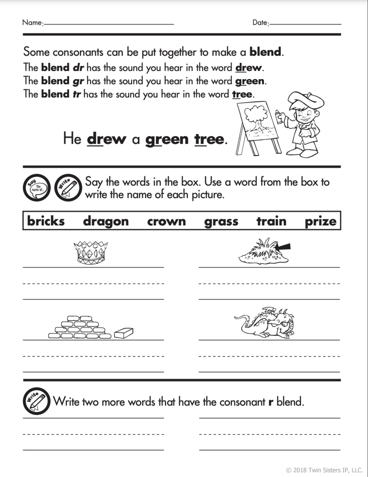 An educational teaching resource from Twin Sisters Digital Media entitled 1st Grade Language Arts Skill Builder: Consonant Blends, Digraphs, Nouns, Verbs, and Sentences Printable Workbook downloadable at Teach Simple.