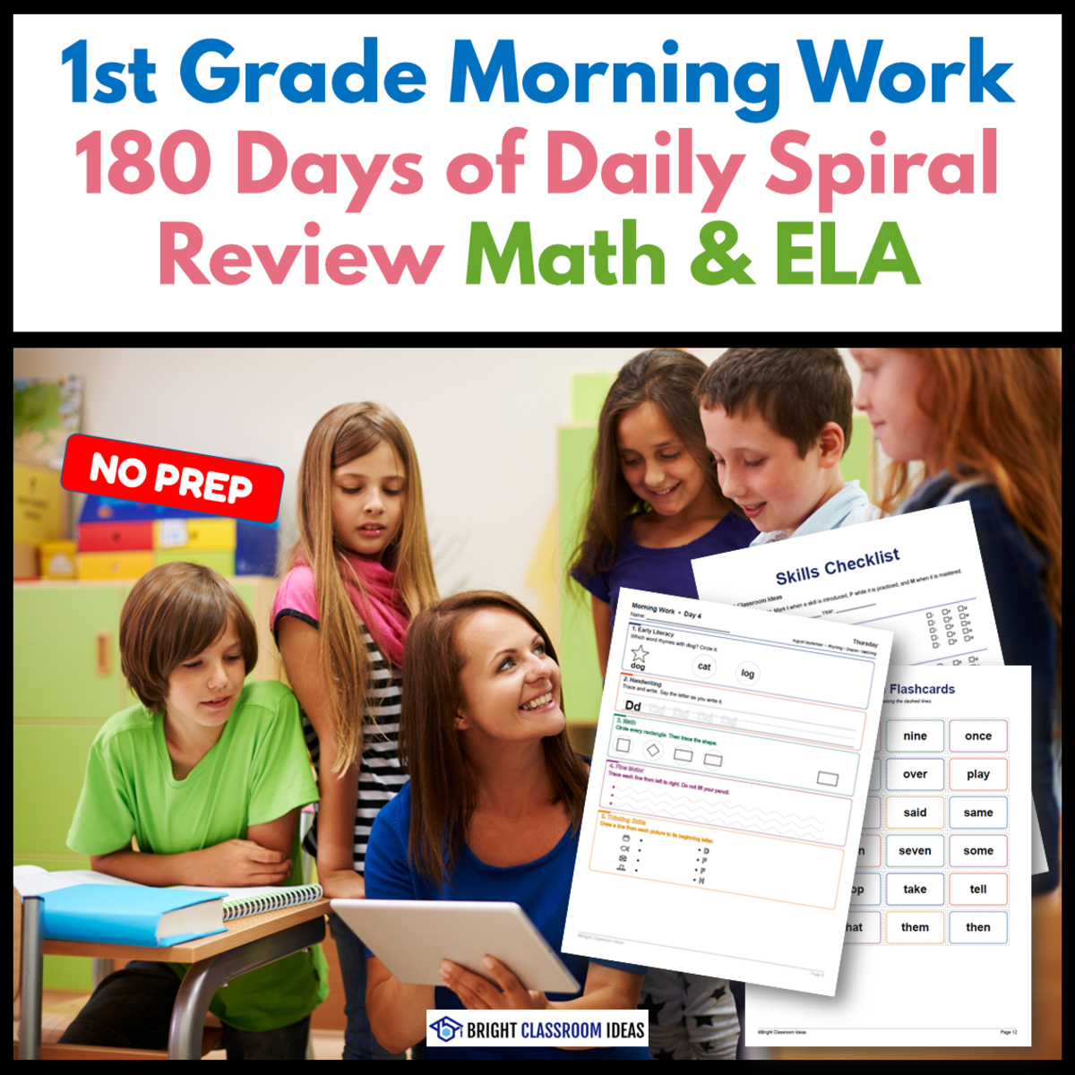 An educational teaching resource from Bright Classroom Ideas Marketplace entitled 1st Grade Morning Work | 180 Days of Daily Spiral Review | Math & ELA downloadable at Teach Simple.