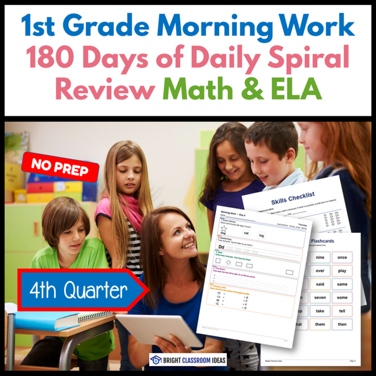An educational teaching resource from Bright Classroom Ideas Marketplace entitled 1st Grade Morning Work | 180 Days Review | Math & ELA | 4th Quarter downloadable at Teach Simple.