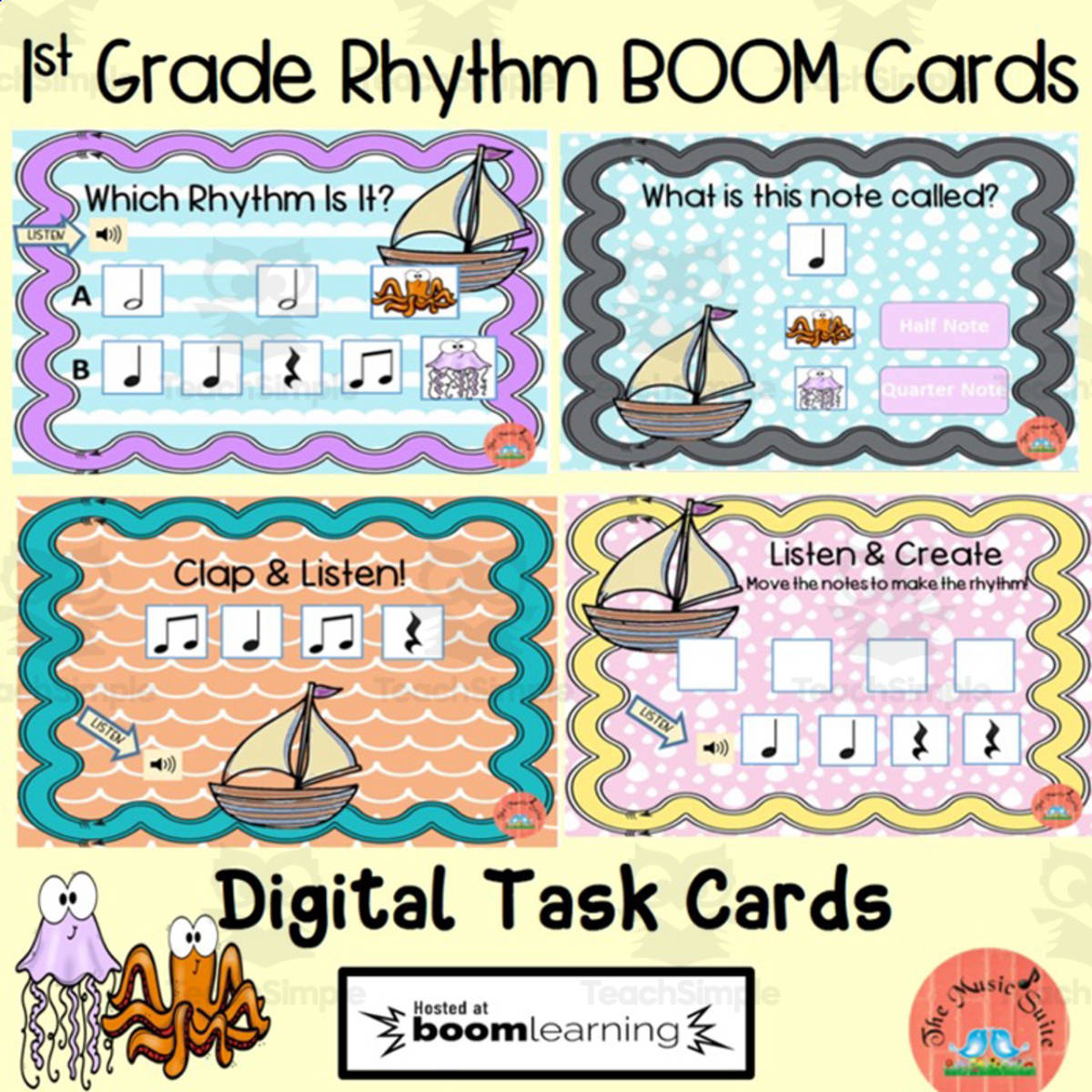 An educational teaching resource from The Music Suite entitled 1st Grade Rhythm Boom Cards downloadable at Teach Simple.
