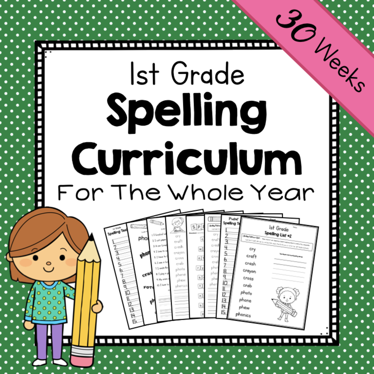 An educational teaching resource from Simply Schoolgirl entitled 1st Grade Spelling Unit | Spelling Curriculum | Spelling Lists downloadable at Teach Simple.