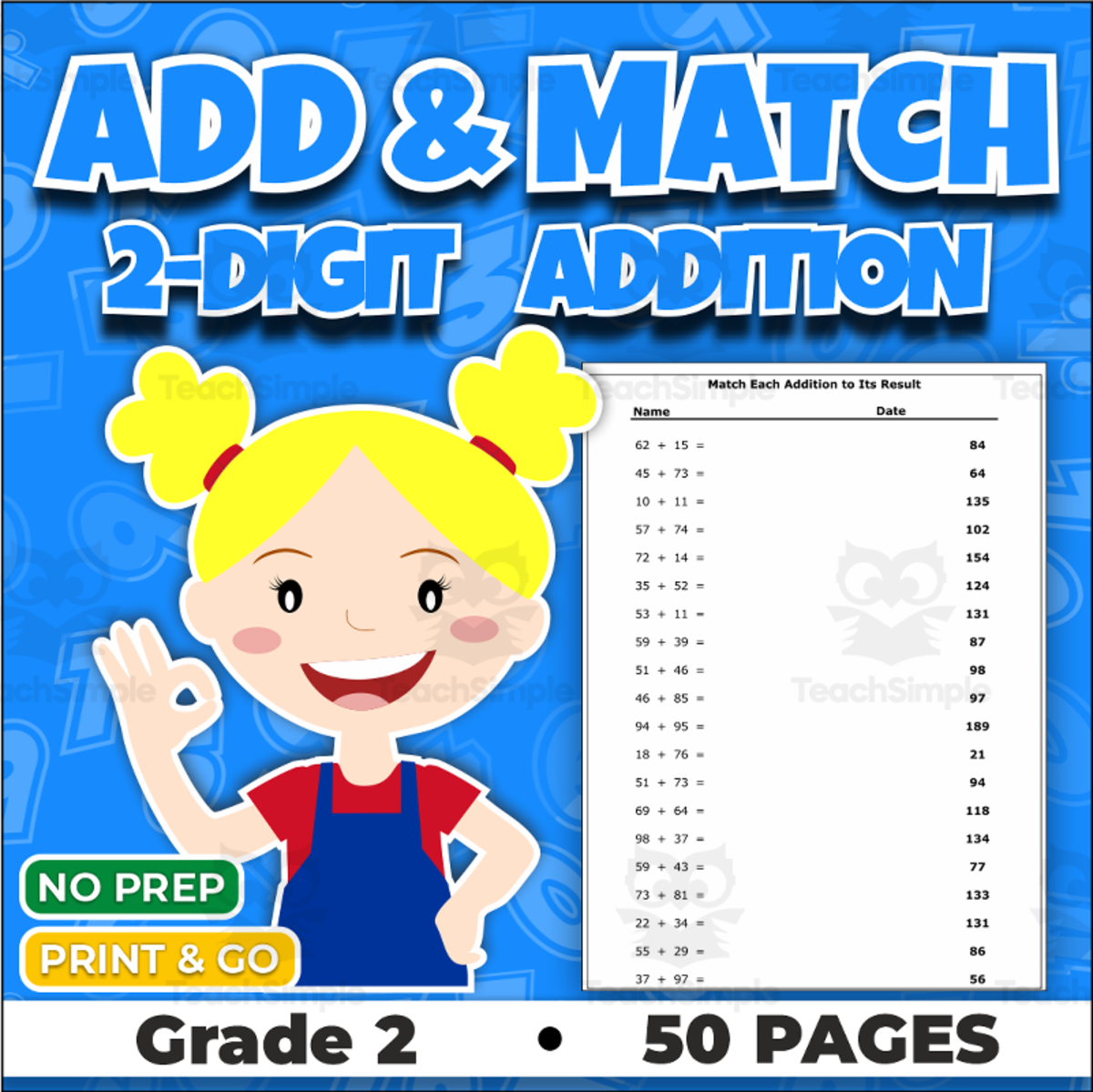2-Digit Addition Worksheets | Math Matching Activity preview