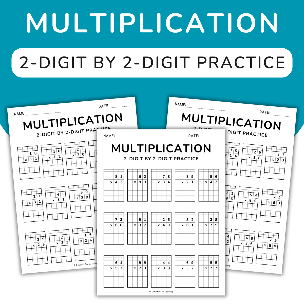 An educational teaching resource from Colorful Fun Learning entitled 2 Digit by 2 Digit Multiplication Worksheets, Double Digit Sums downloadable at Teach Simple.
