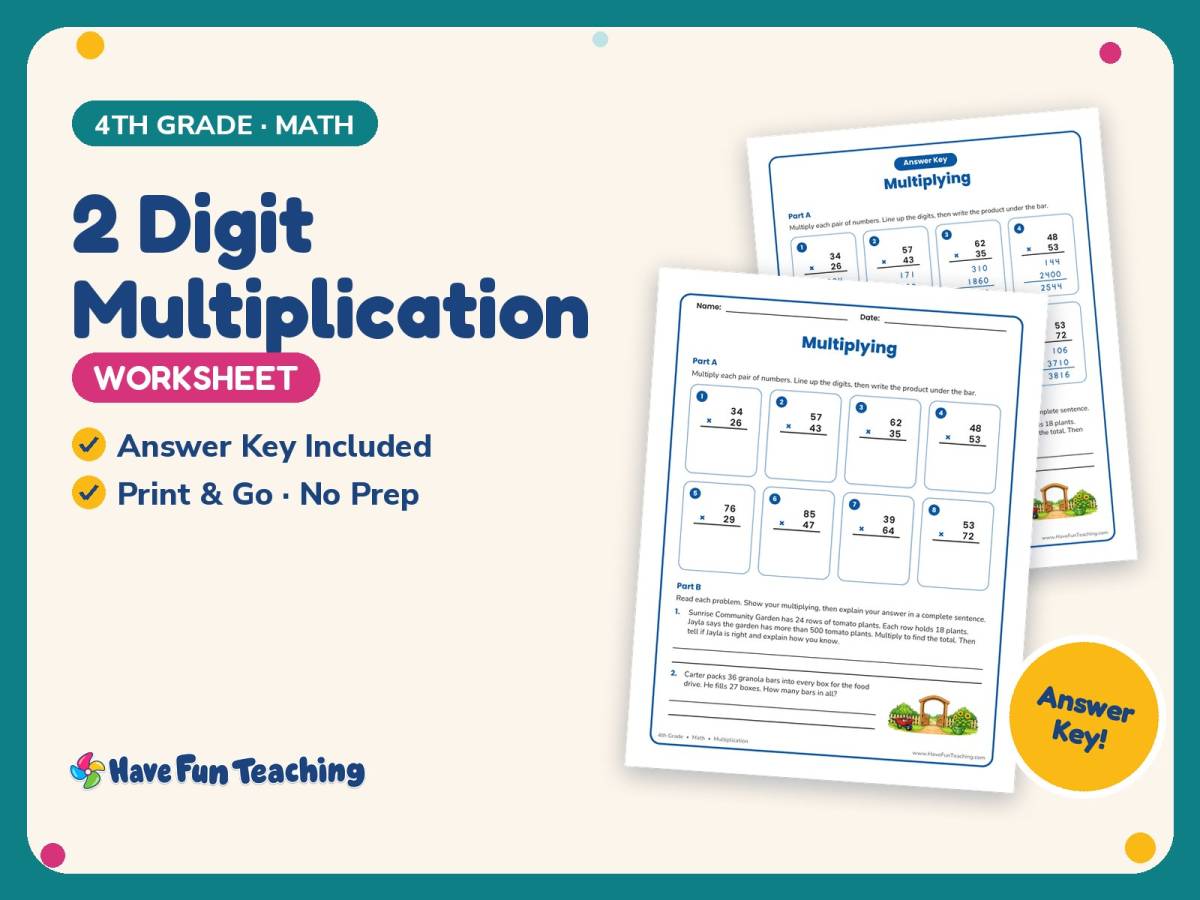 2 Digit Multiplication Worksheet – 4th Grade Math Practice preview