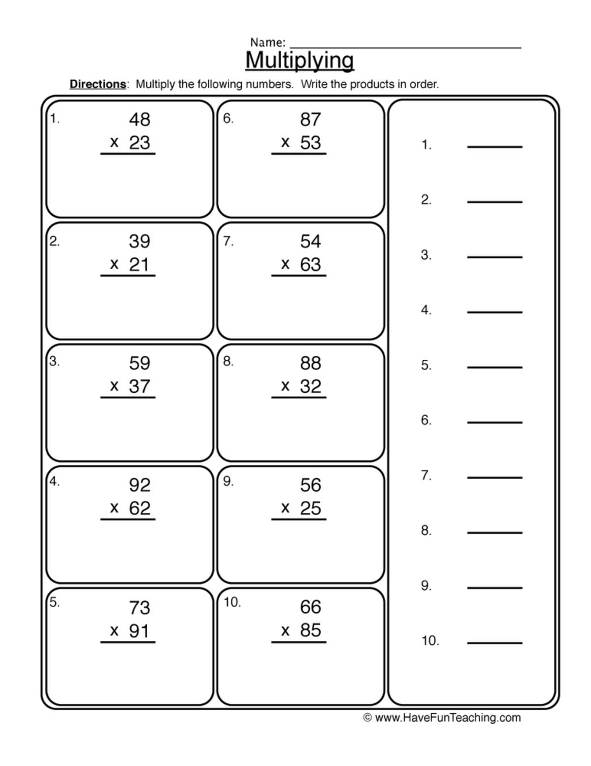 An educational teaching resource from Have Fun Teaching entitled 2 Digit Multiplication Worksheet downloadable at Teach Simple.