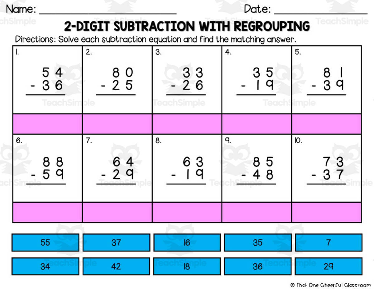 An educational teaching resource from That One Cheerful Classroom entitled 2-Digit Subtraction with Regrouping – Match Worksheet downloadable at Teach Simple.