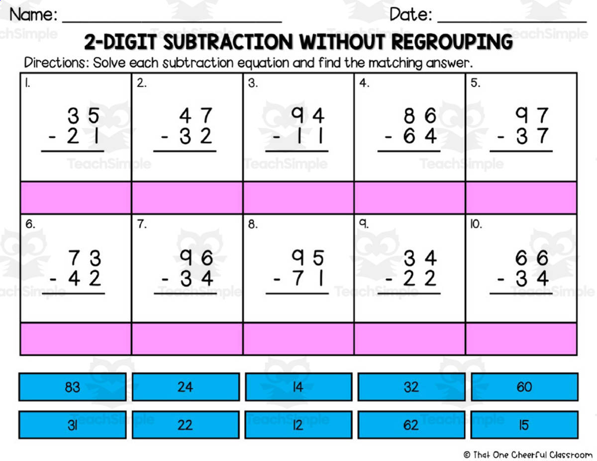 An educational teaching resource from That One Cheerful Classroom entitled 2 Digit Subtraction without Regrouping Matching Worksheet downloadable at Teach Simple.