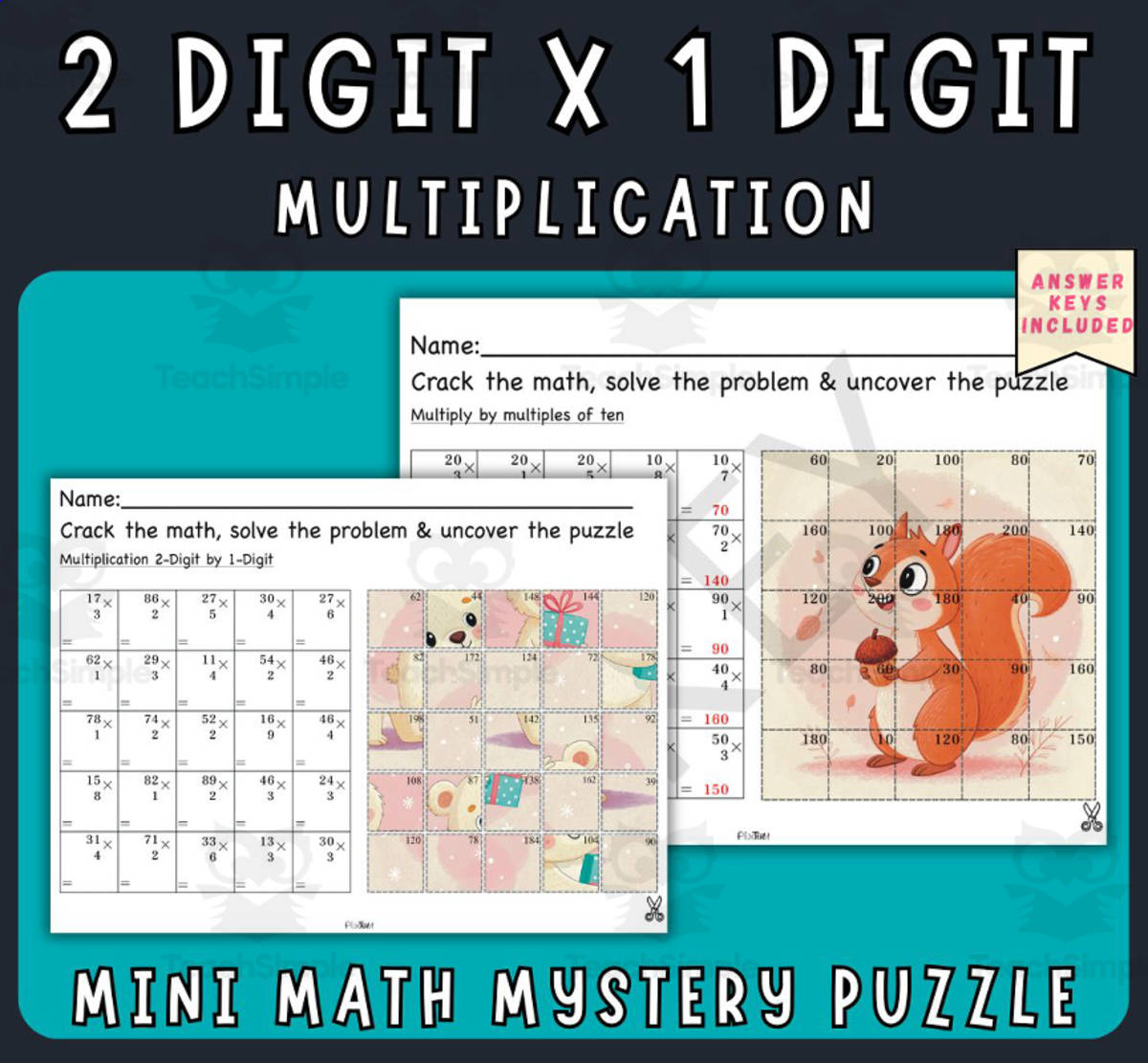 An educational teaching resource from Piix.Team entitled 2-Digit x 1-Digit multiplication: Mini Math Mystery Puzzle downloadable at Teach Simple.