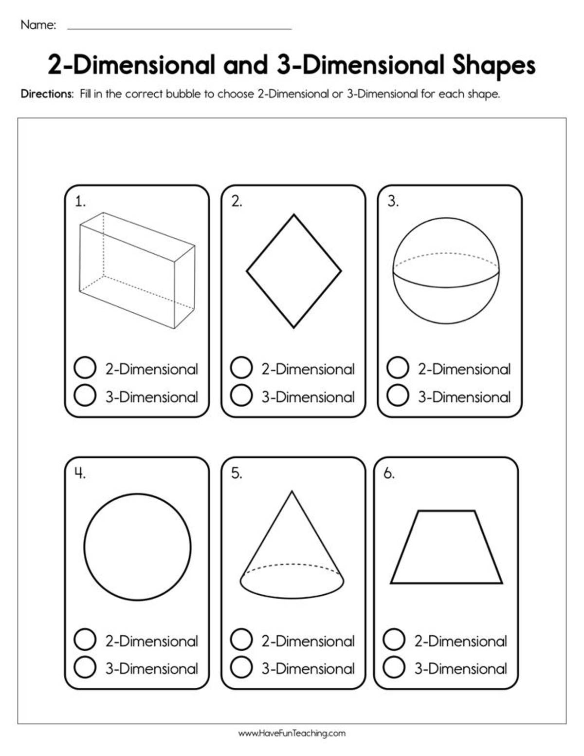 An educational teaching resource from Have Fun Teaching entitled 2-Dimensional and 3-Dimensional Shapes Worksheet downloadable at Teach Simple.