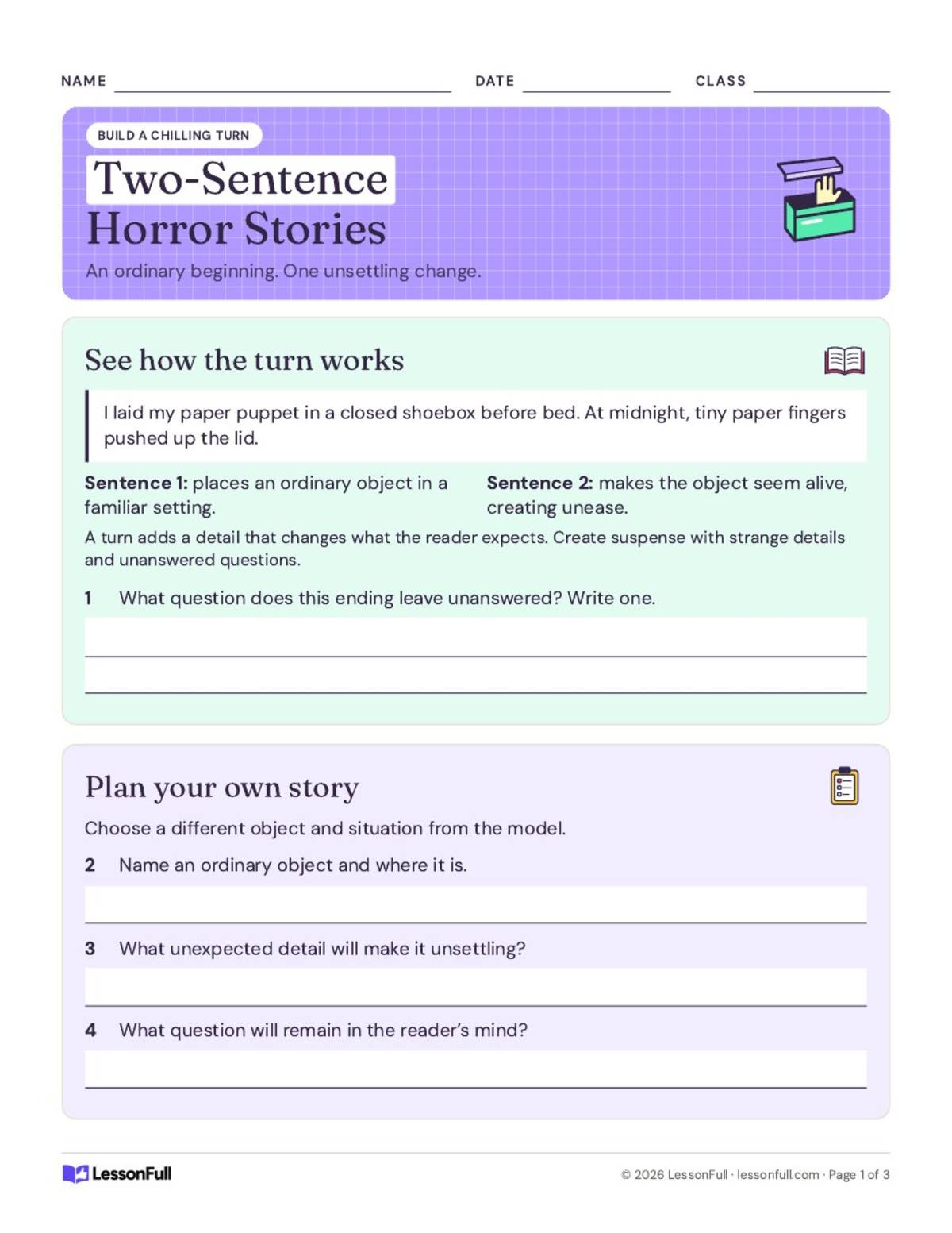 2-Sentence Horror Stories Writing Activity FREEBIE preview