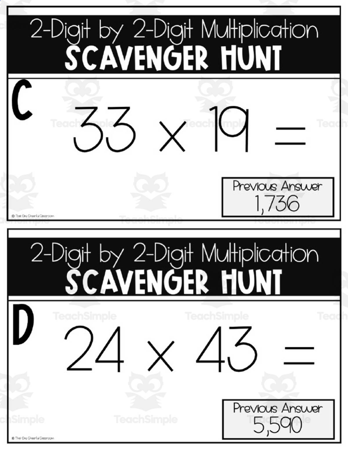An educational teaching resource from That One Cheerful Classroom entitled 2 x 2 Multiplication Scavenger Hunt downloadable at Teach Simple.