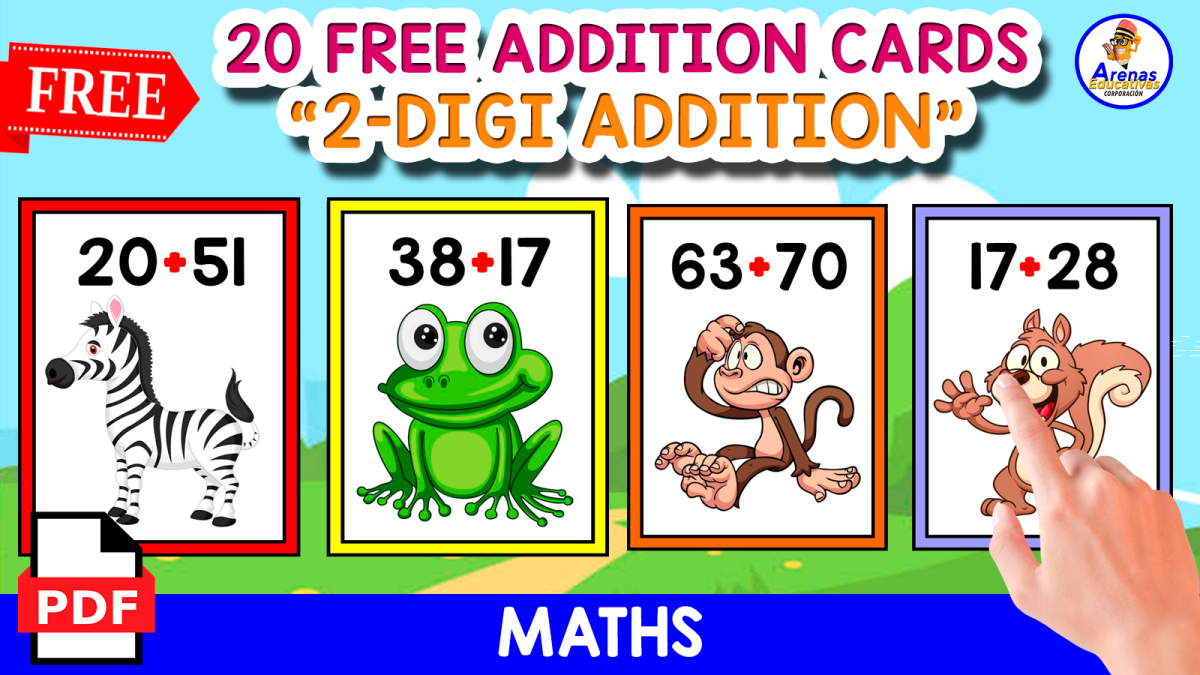 An educational teaching resource from EDITORIAL LAURA EDUCA entitled 20 ADDITION CARDS OF ANIMALS | 2-DIGIT ADDITION downloadable at Teach Simple.
