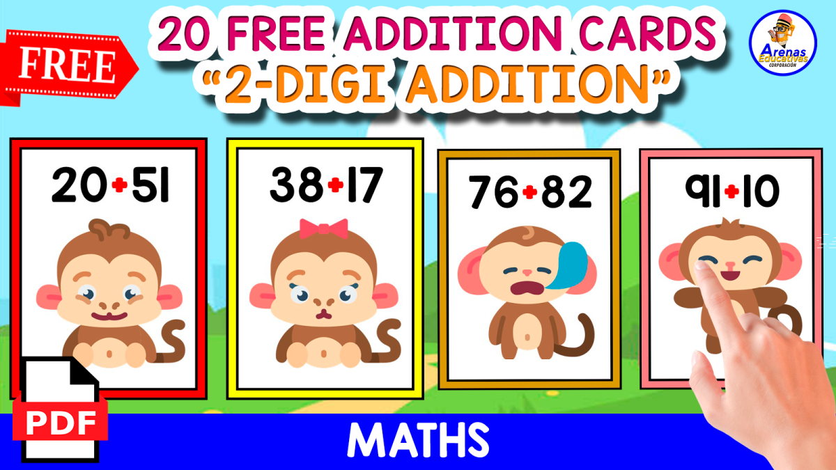 An educational teaching resource from EDITORIAL LAURA EDUCA entitled 20 ADDITION FLASHCARDS | MONKEY THEMED downloadable at Teach Simple.